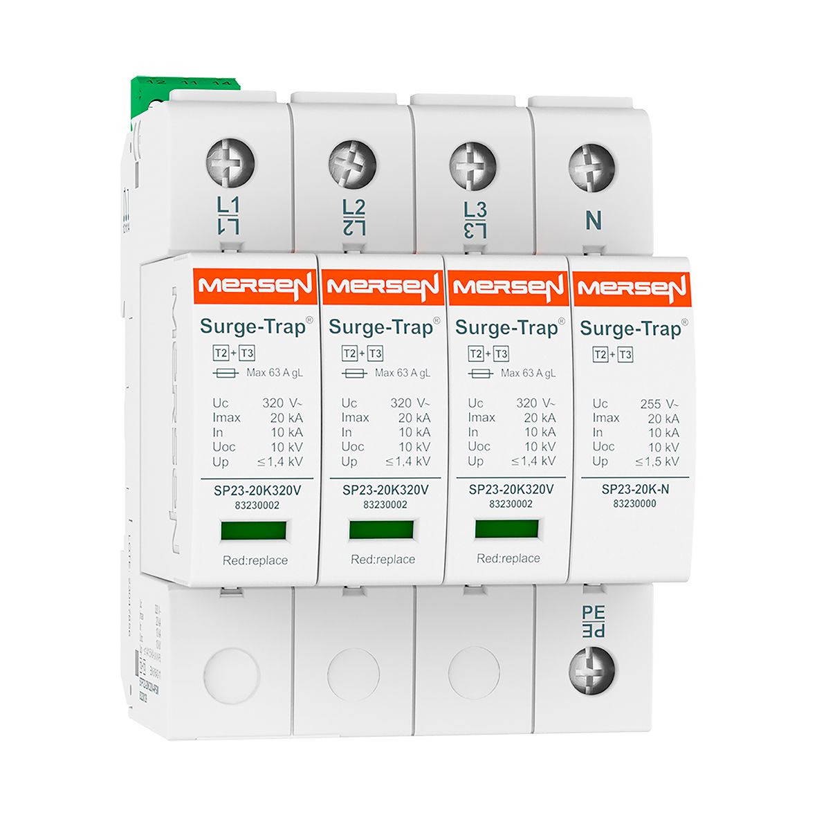 83230129 - SPD Type 2+3, 20kA, Uc320V, 3+1 TT, 4 Poles, 4 Modules, Pluggable, Remote